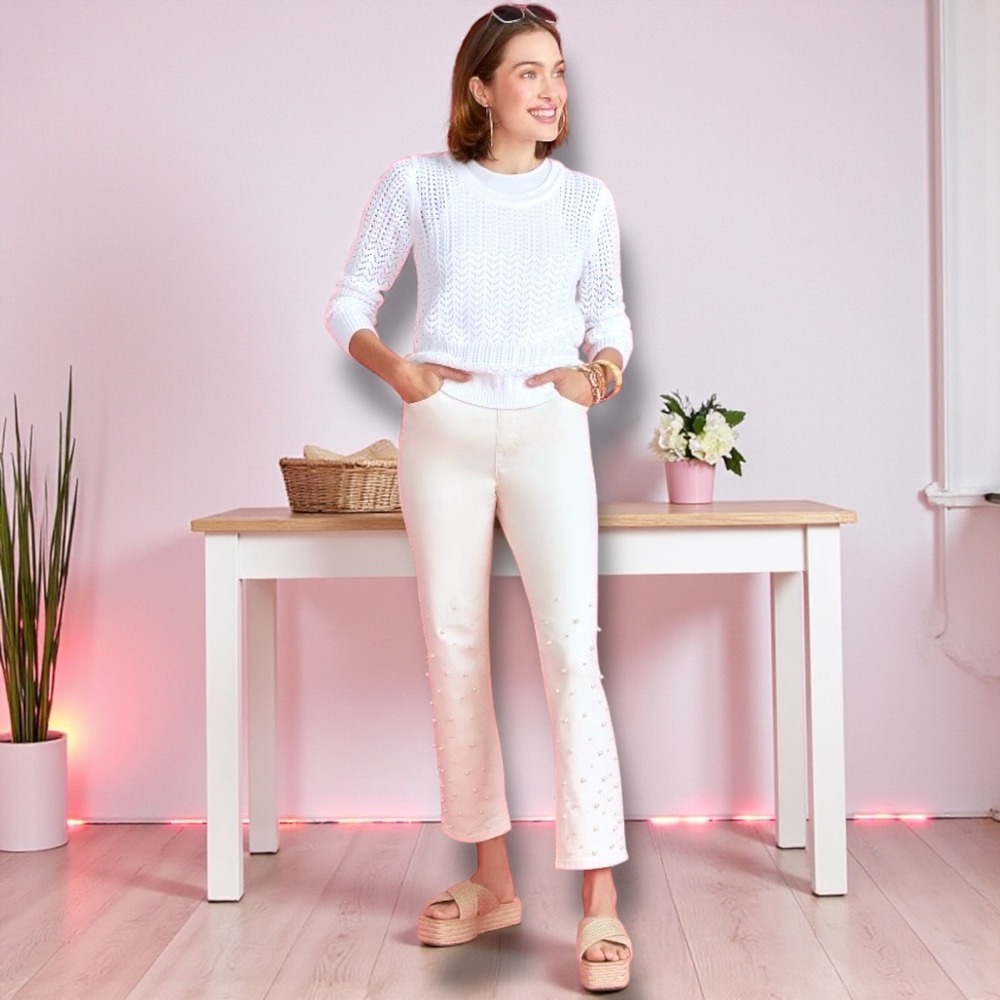 Isaac Mizrahi Live Pearl Embellished Crop Flare Jeans Cream Women's 28W